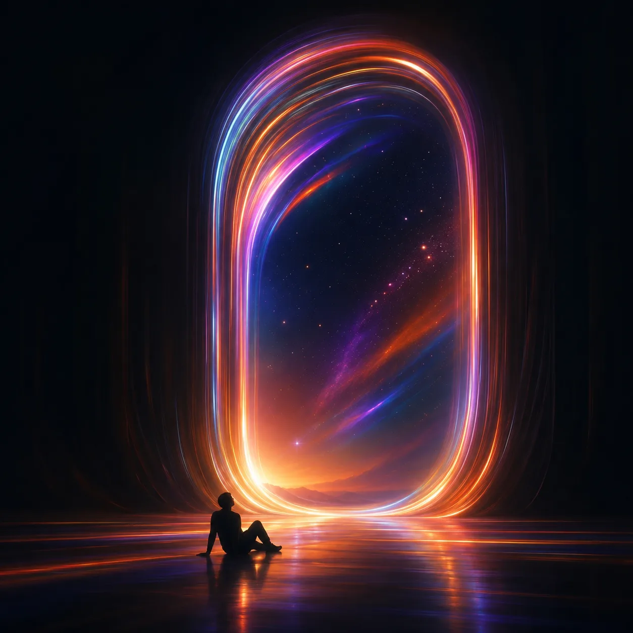 A figure seated before a glowing portal opening onto another sky